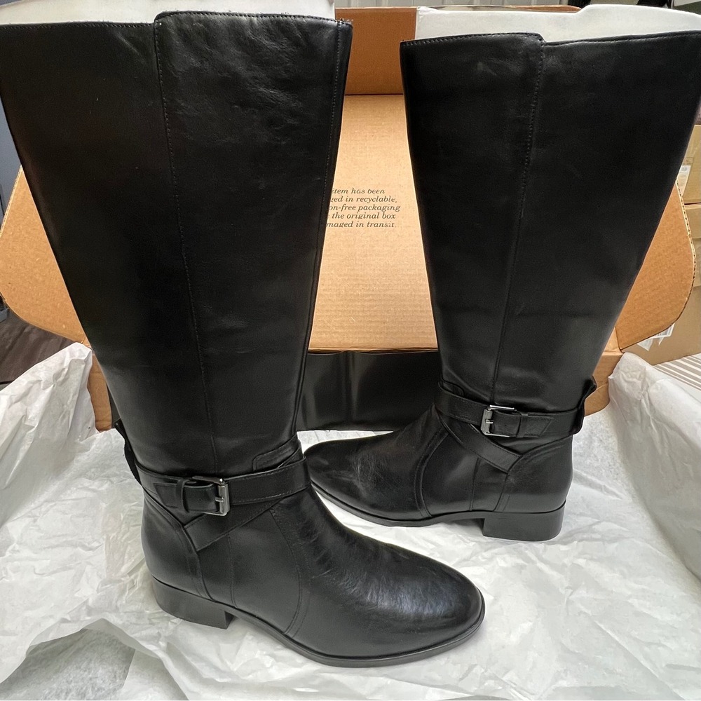 Naturalizer 8M Wide Calf Leather Riding Boots Black Knee High Buckle Equestrian